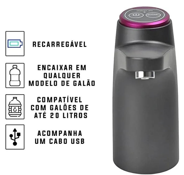 Bomba elétrica Garrafa Galão Água 20 Litros Premium USB Recarregável Dispenser (2 Botões)-Neverdie Store