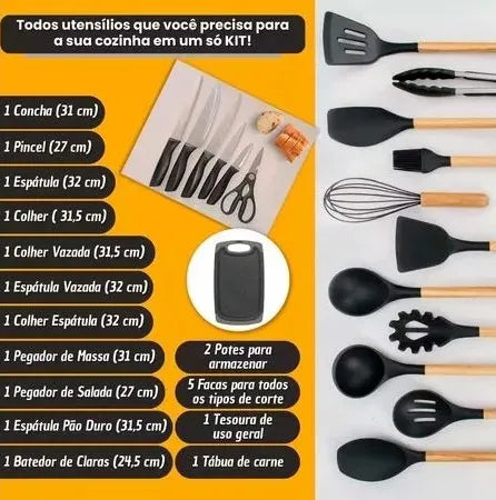 Kit completo para utensílios de cozinha com 19 Peças + uma tábua em silicone.