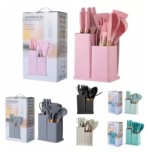 Kit completo para utensílios de cozinha com 19 Peças + uma tábua em silicone.