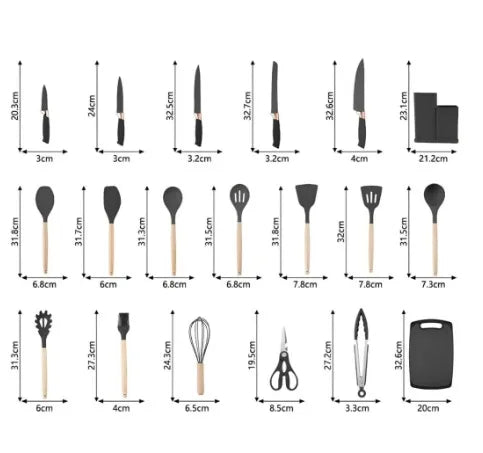 Kit completo para utensílios de cozinha com 19 Peças + uma tábua em silicone.