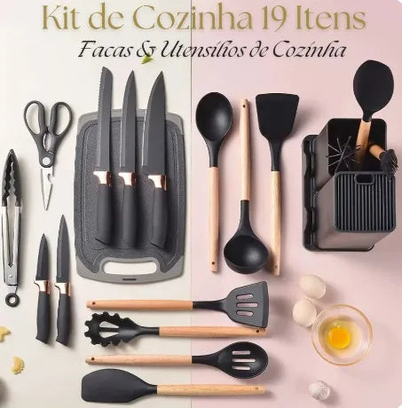 Kit completo para utensílios de cozinha com 19 Peças + uma tábua em silicone.